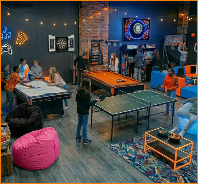 Community Social Space with ping pong, pool, air hockey, comfy lounging, and more
