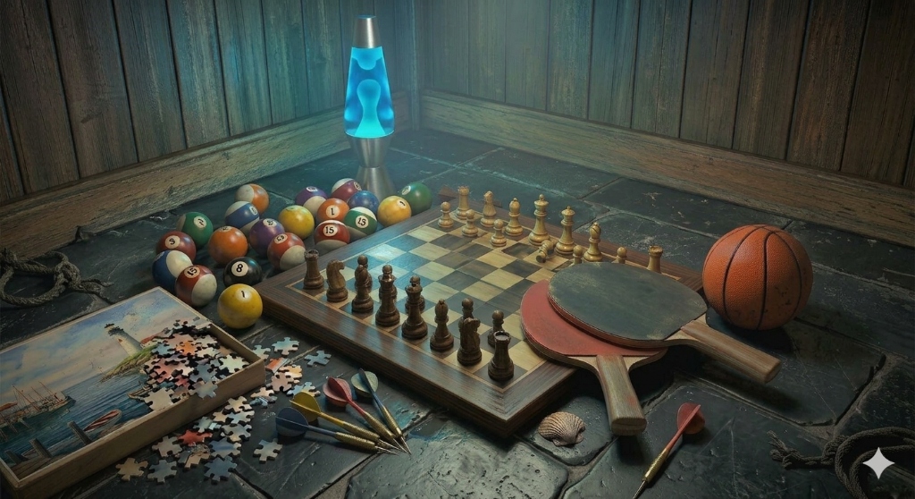 Classic tabletop games including chess, billiards, ping pong, darts, and puzzles