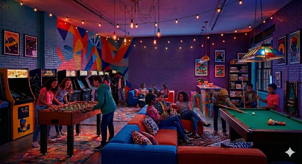Teen arcade and social lounge with foosball, pool, arcade cabinets, and comfy seating